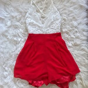 Red and White Lace Romper